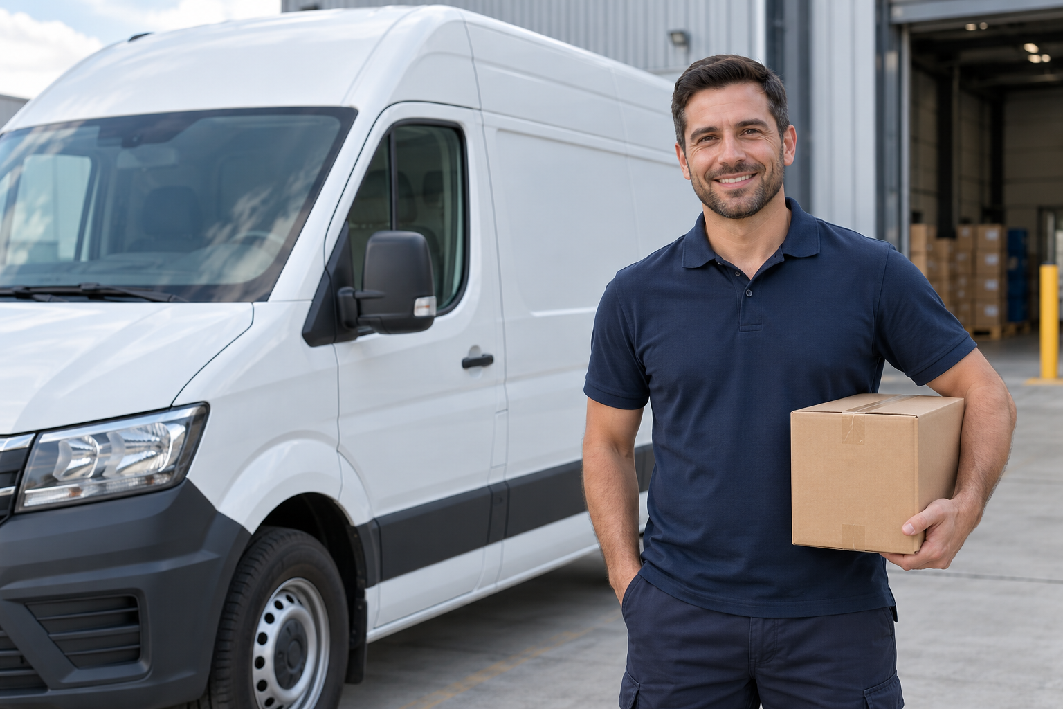 Illustrative delivery professional holding a parcel beside a cargo van