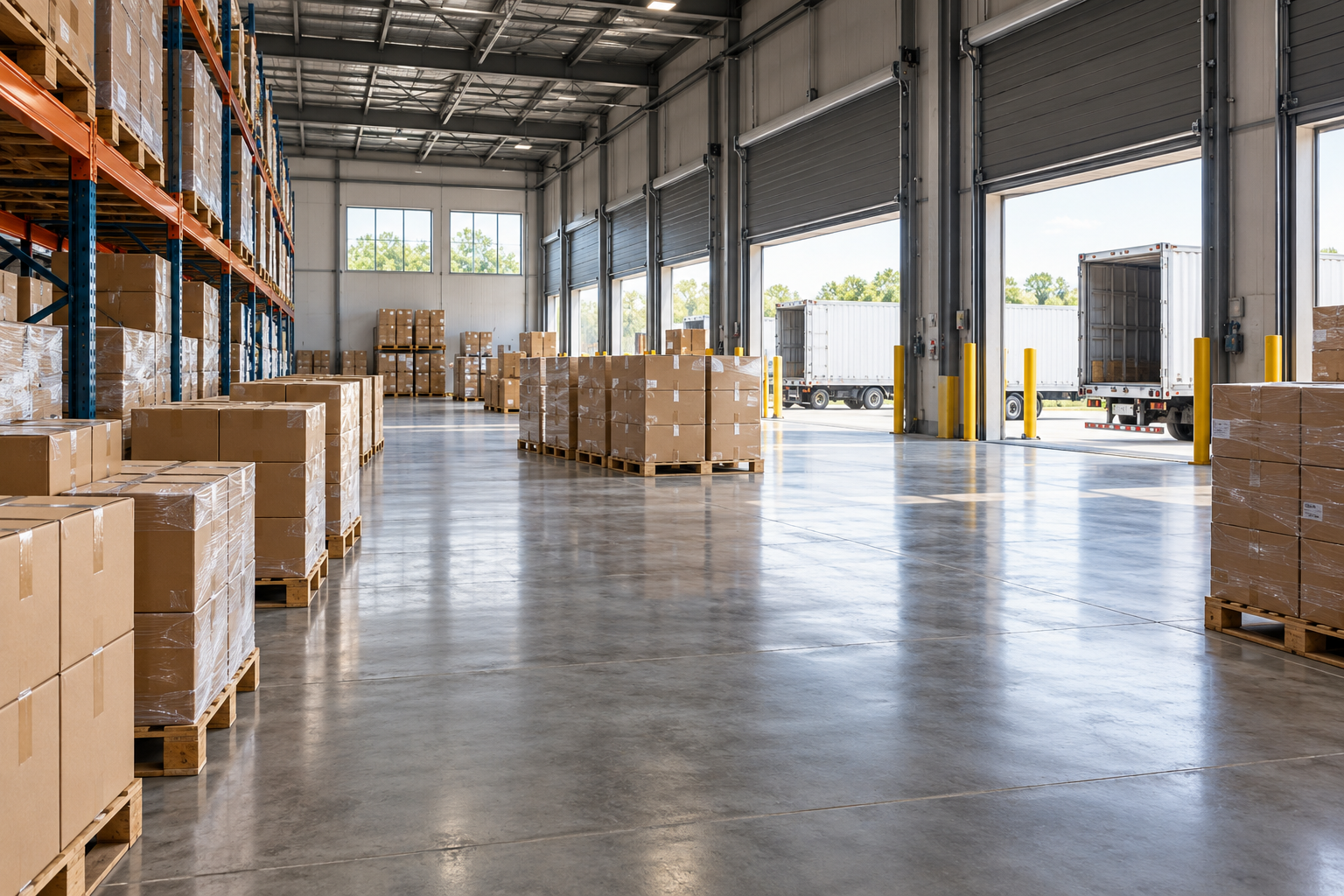 Illustrative warehouse with organized freight